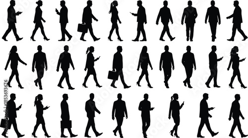 Business people silhouettes walking, office professionals using smartphones, corporate team in motion, formal attire, isolated on white background, vector