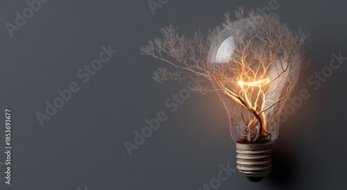 Illuminated tree branches grow within a clear light bulb on a dark background