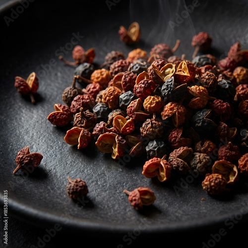 Fiery Sichuan peppercorns scattered on a dark textured plate with light steam