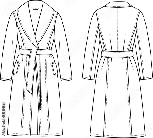 CAD drawing flat vector illustration of women's long belted coat, shawl collar, side pockets, fashion technical sketch, outerwear design.
