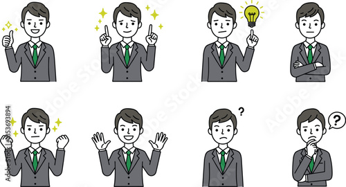  Businessman character illustrations with various emotions, poses, and gestures, including happy, confident, thinking, and questioning expressions, isolated on transparent background, business