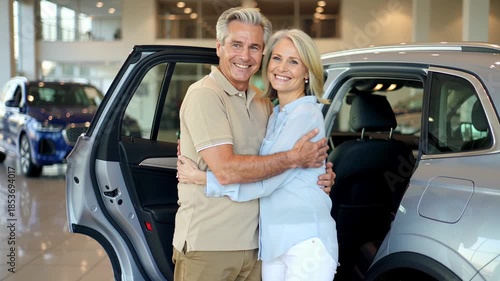 Senior couple in luxury car dealership choosing new automobile. They are smiling and hugging, showing happiness and affection, standing together by a car in a modern auto showroom.