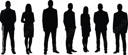 Business team silhouettes in formal attire, standing together, teamwork concept, corporate group, leadership, partnership, professional people, success, collaboration