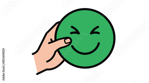 A hand lifting a green smiling face revealing hidden emotions