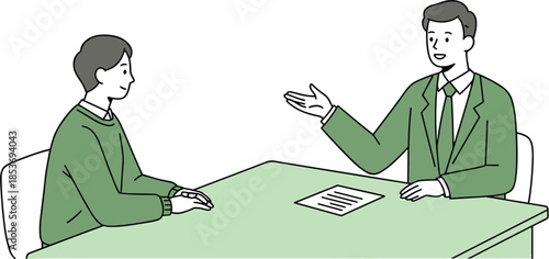 Business meeting illustration of a professional conversation between a manager and an employee at a desk, discussing ideas and strategies in an office flat vector illustration