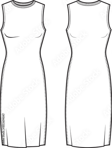 CAD drawing flat vector illustration of sleeveless women’s midi bodycon dress, front and back technical sketch, fashion design template.