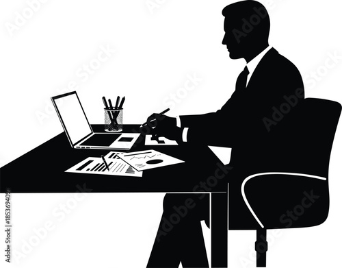 Businessman working at desk, analyzing data, using laptop, writing notes, office scene, productivity, finance report, modern workspace concept