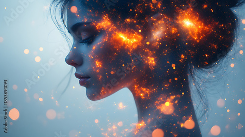 Person’s silhouette dissolving into particles of glowing starlight against white background 