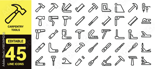 Hand Tools Line Icon Set for Construction, Carpentry, Repair and DIY Projects with Editable Outline Vector Symbols