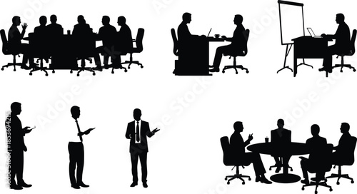 Business meeting silhouettes, team discussion scene, corporate collaboration, office conversation, professional men talking, boardroom brainstorming, management teamwork, business communication