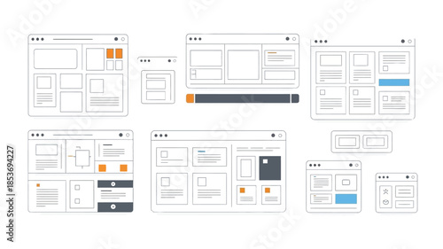 Collection of minimalist website and mobile interface wireframe designs on white background