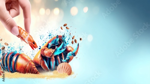 Hand holding shrimp above colorful crab and lobster tail on sand with water splashes. Creative seafood concept suitable for restaurant menus or advertising banners.