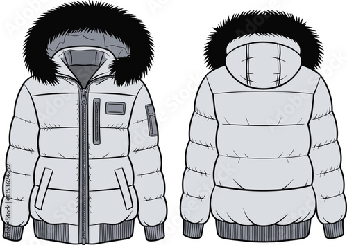 CAD drawing flat vector illustration of puffer jacket with fur hood, ribbed hem, front and back view, perfect winter fashion.
