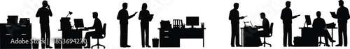 Business people working in office, team collaboration, modern workplace, computer desks, silhouette staff communication, corporate meeting, professional environment