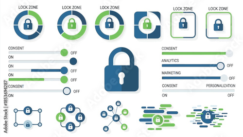 Security settings and privacy controls interface with lock icons and sliders