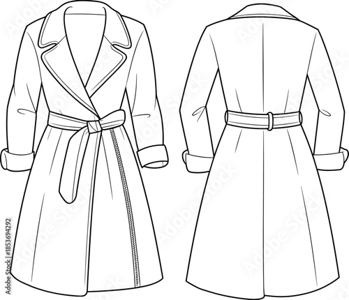 CAD drawing flat vector illustration of stylish trench coat with belt, long sleeves, front and back view, fashion outerwear design.