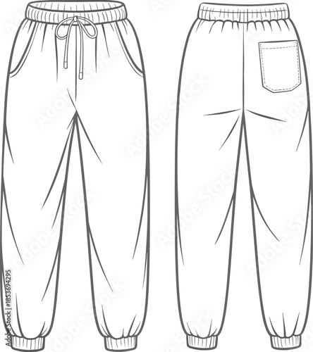 CAD drawing flat vector illustration of casual sweatpants with elastic waistband and cuffs, front and back view, comfortable pants design.