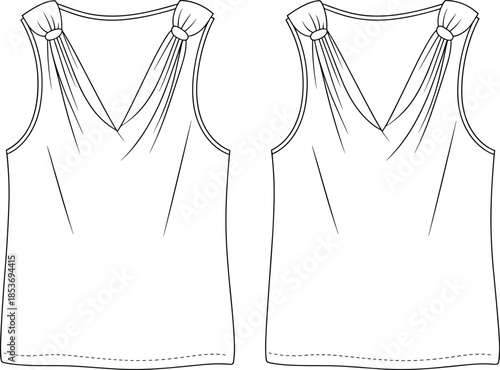 CAD drawing flat vector illustration of women's sleeveless top with gathered shoulder detail, v-neckline, casual summer fashion, clothing design template.