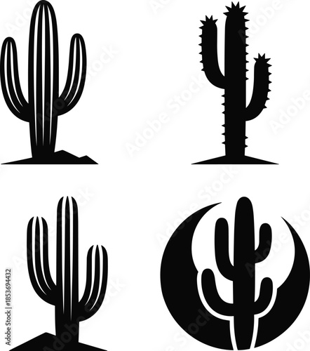 Cactus silhouettes, desert plants vector, prickly pear cactus, saguaro cactus icons, southwestern nature, arid environment, thorny plants, desert flora illustrations