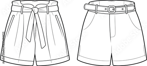 CAD drawing flat vector illustration of women’s high-waist shorts with belt, side pockets, casual summer wear, fashion technical design template.