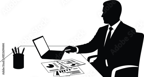 Businessman analyzing data charts, working on laptop, office desk with reports, financial planning, corporate strategy, professional business environment scene