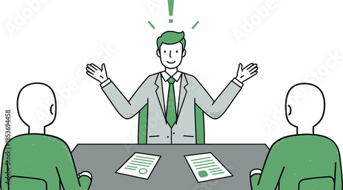 Business meeting with confident leader presenting ideas to team members, professional discussion at office desk with documents, leadership illustration for teamwork, corporate communication