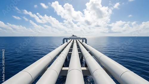 White Pipelines Stretching to Offshore Platform Under Cloudy Sky