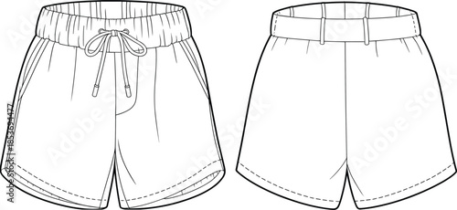 CAD drawing flat vector illustration of women’s elastic waist shorts with drawstring, side pockets, casual summer style, fashion technical design template.