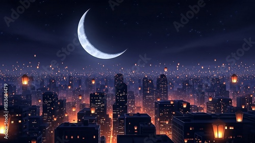 Starry night city skyline under the moon