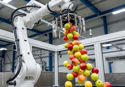White Robotic Arm Holding and Releasing Red and Green Apples in Factory Setting