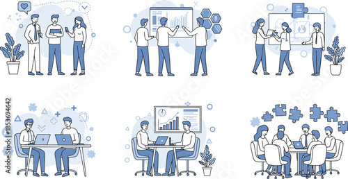 Business teamwork illustration set, office meeting scenes, collaboration, strategy planning, data presentation, project management, professional communication, flat vector characters, blue color