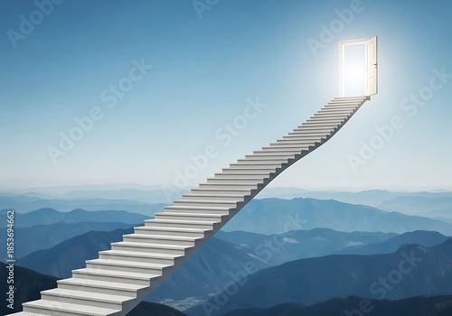 White Staircase Leading to Open Door Against Blue Sky and Mountains