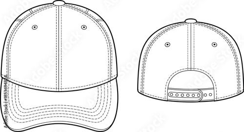 CAD drawing flat vector illustration of baseball cap front and back view, adjustable strap, detailed hat design for fashion template.
