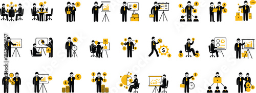 Business icons, finance symbols, teamwork collaboration, financial growth, money strategy, profit analysis, planning visuals, corporate data, investment icons, budget planning set