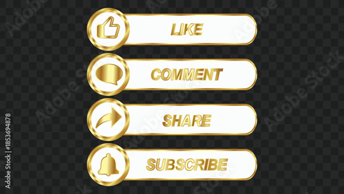 Golden social media interaction buttons for like, comment, share, and subscribe on a transparent background.