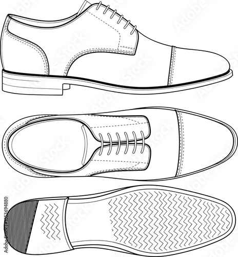 CAD drawing flat vector illustration of classic leather oxford dress shoes, side, top and sole view, detailed footwear design template.