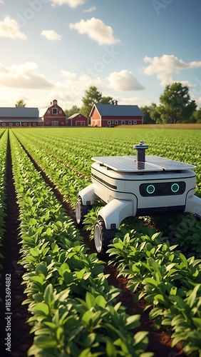 White Agricultural Robot in Green Crop Field with Red Barns