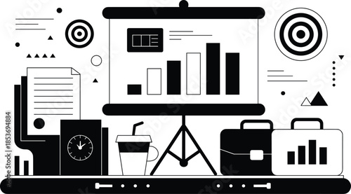 Business presentation concept, bar chart graph on projector screen, office workspace with documents, coffee cup, briefcase, analytics, data visualization, target goals, strategy plan