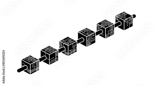Visual representation of interconnected computational blocks forming a sequential chain, symbolizing data processing and digital networking architecture and information flow