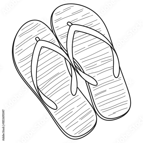 Line art illustration of summer flip-flops, for beach holidays, tropical vacations, and casual warm-weather footwear, symbolizing effortless comfort and relaxed everyday