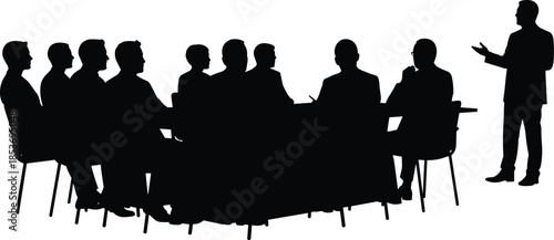Business presentation silhouette, team meeting discussion, corporate seminar training, professional group workshop, speaker addressing audience, conference table vector art.