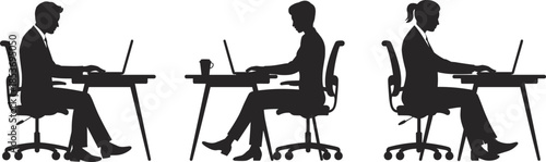 Business people working on laptops at desk, office workspace concept, professional teamwork illustration, productivity and focus in workplace environment.