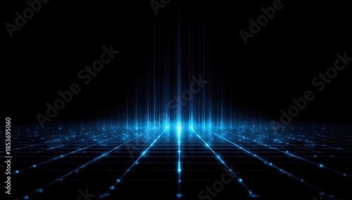 Abstract glowing blue grid emitting light beams on black