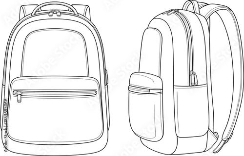 CAD drawing flat vector illustration of modern travel backpack front and side view, technical fashion design, zipper pocket, minimal outline.