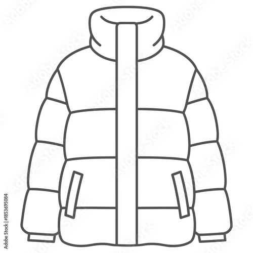 Stylized drawing of a padded winter jacket with a high collar and pockets, presented in a clean, minimalist outline style for versatile design applications