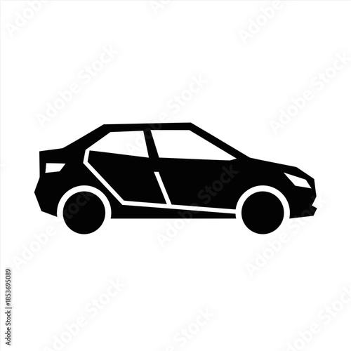 A simple black and white vector illustration of a sedan car, ideal for automotive-themed designs and representing transportation concepts with clean lines and a modern silhouette