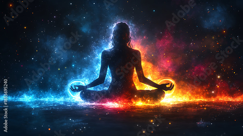 Person sitting cross-legged in lotus pose with radiant rings of light forming around them 