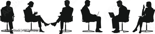 Business people sitting on chairs, office meeting silhouette, team discussion, laptop work, communication, teamwork, workplace collaboration, professional interaction, vector illustration