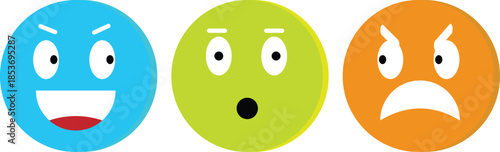 Three colorful emoji-like faces expressing different emotions: mischievous happiness, surprise, and anger on a white background.