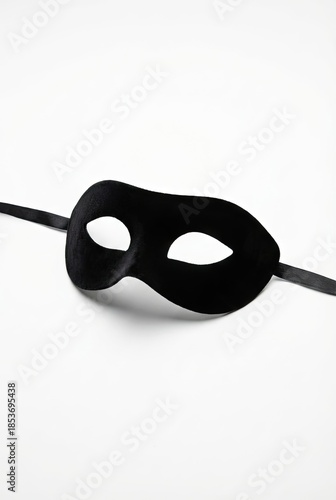 A minimalist black velvet masquerade mask lies on white, its satin ribbons trailing, under soft studio light. Generative AI